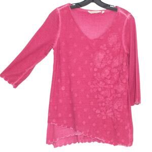 Soft Surroundings Tunic Top 3/4 Sleeve Floral Embroidered Cottage Y2K Pink XS
